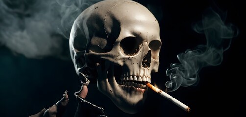 A skeleton with a lit cigar, surrounded by smoke, on a black background. AI Generated
