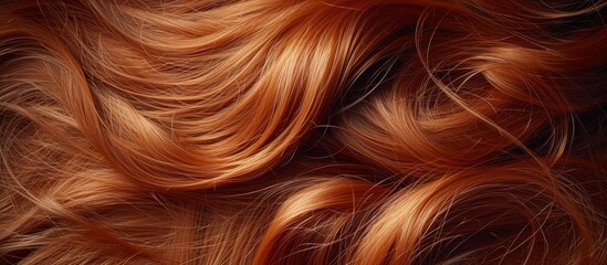 A closeup shot capturing the vibrant red hue of a persons hair, styled with bangs and layered hair. The artificial hair integrations add a touch of peach color, making it a trendy fashion accessory