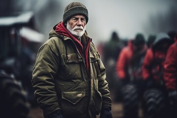 Fototapeta premium Farmers strike in city. People on strike protesting protests against tax increases, abolition of benefits by standing next to tractors on big city street