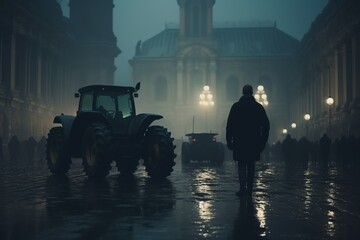 Farmers strike in city. People on strike protesting protests against tax increases, abolition of benefits by standing next to tractors on big city street - obrazy, fototapety, plakaty