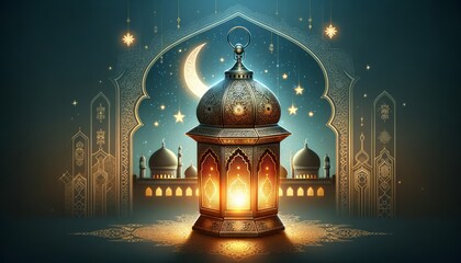 Traditional Lantern Illuminating Ramadan Night with Intricate Patterns. Radiant Ramadan Lantern