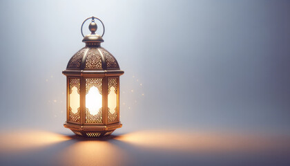 Fototapeta premium Elegant Traditional Lantern Casting Soft Glow on a Plain Background for Ramadan. Ramadan Serenity Lantern. Copy space, mock up