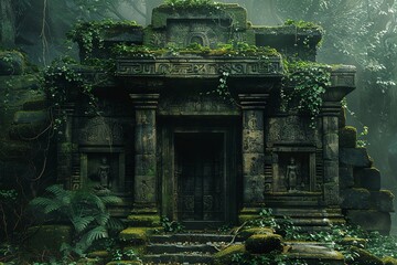 Witness the haunting beauty of the ancient temple ruins on the island of Thule, where crumbling stone structures are entwined with vines and moss, hinting at a lost civilization and forgotten powers