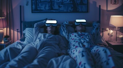 wedding couples lying with virtual reality glasses wearing pajamas