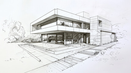 Generative AI, Contemporary architectural sketch with pencil and markers of a house facade, technical drawn background	
