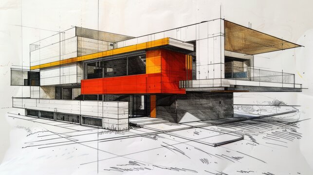 Generative AI, Contemporary architectural sketch with pencil and markers of a house facade, technical drawn background	
