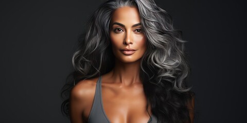 Fototapeta premium Gorgeous grey-haired African woman model on black background. Generative AI