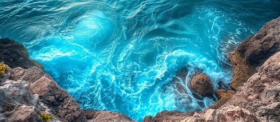 A closeup view of azure water surrounded by rocks, showcasing the fluidity and beauty of liquid underwater. The electric blue waves reflect the wonders of marine biology in the ocean