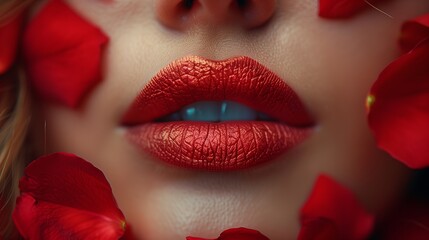 Rose petals close up near female lips. Generative AI