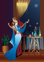 Man and woman dancing on the background of a balcony and lanterns, party, art deco, couple in retro style