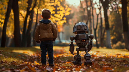 Back view of a young boy walking with his robot companion through a park with the hues of autumn. Dry leaves cover the ground. Highlighting the friendship between humans and technology