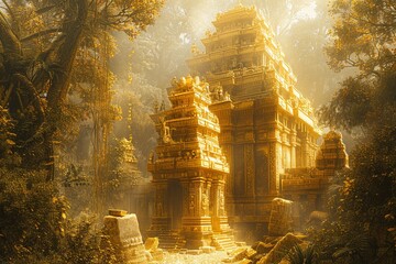 Immerse yourself in the sacred temple of El Dorado, where priests conduct elaborate ceremonies to honor the city's mythical origins and seek blessings from the gods of gold and prosperity - obrazy, fototapety, plakaty