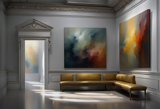 modern abstract expressionist paintings hanging in frames in an art gallery