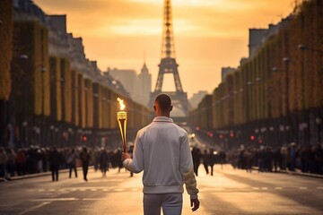 Rear view of a man in a white suit holding a torch on the street in front of the Eiffel Tower in Paris, France. - obrazy, fototapety, plakaty