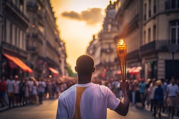 A man with a burning torch in his hand walks down a road through a crowd of people in Paris, France. - obrazy, fototapety, plakaty