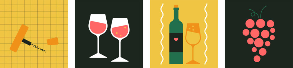 A set of minimal wine lover vector illustrations. Wine bottle, glass of wine vector icon, grapes, corkscrew and corks. Wine tasting. Drink and alcohol design elements, stickers. Cartoon postcard. - 741040835