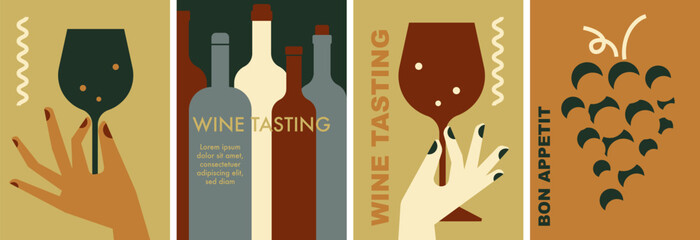 Wine tasting vector set in earthy tones. Collection of minimal vintage posters with bottle, glass of wine. Perfect background for restaurant menu, invitation for an event, festival, party, promotion - obrazy, fototapety, plakaty