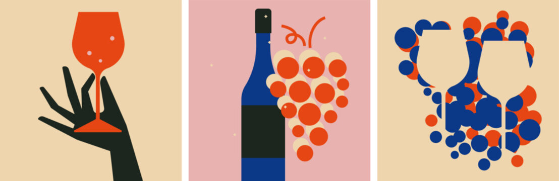 Wine tasting concept. Wine glasses, bottle, grapes icon set. Hand holding wine glass. Collection of wine vector design elements for restaurant menu, invitation for an event, festival, party