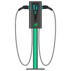 Green energy, hybrid car charging station, gas charging station, electric charging station isolated on white background, 