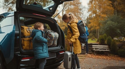 A family is loading luggage into the rear of their vehicle for a leisurely travel, surrounded by trees and plants. AIG41 - obrazy, fototapety, plakaty