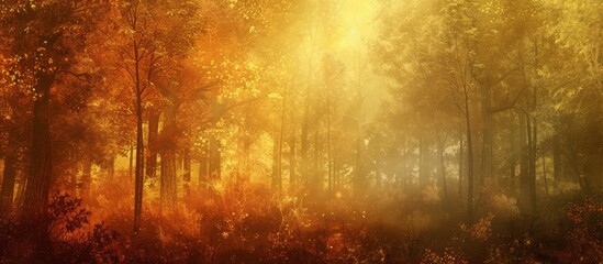 The atmosphere in the forest is filled with the amber glow of the sun shining through the trees, casting orange tints and shades on the plants and grass in the natural landscape