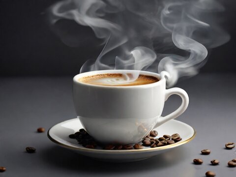 White cup of coffee with hearts inside exhaling a light smoke. Generative ai