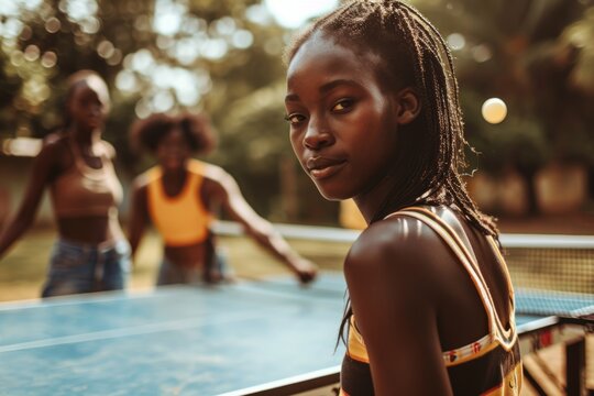 Happy teenagers playing ping pong pretty diverse college friends having fun tennis match play young guys leisure time sports activity action friendly competition friendship entertainment table sport