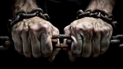 Powerful hands gripping and breaking heavy chains, symbolizing freedom and liberation.