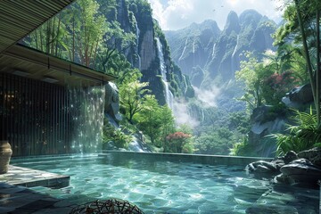 Discover the secluded hot spring oasis in Shangri-La, where weary travelers seek rest and rejuvenation in healing waters amidst towering bamboo groves and mist-covered peaks - obrazy, fototapety, plakaty