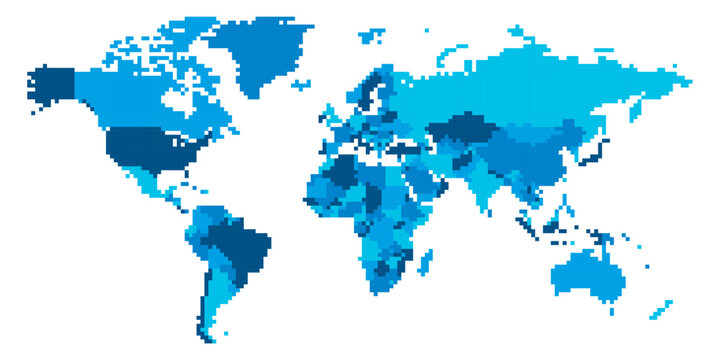 Pixelized Political World Map - pixel mosaic of squares. Four color scheme in blue. Vector illustration