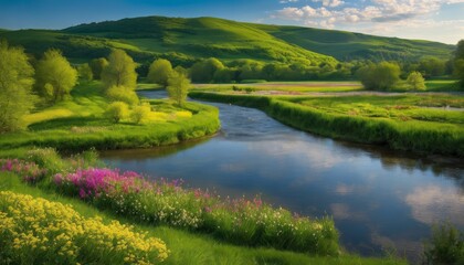 spring, meadow, river, valley, flowers, tree, nature, water, grass, outdoors, national park, travel, reflection, summer, tranquil, background, relaxation, landscape, no people, springtime, park, scene