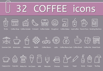 Coffee icons set, vector flat white outline illustration of coffee and cafe icons - 741043044