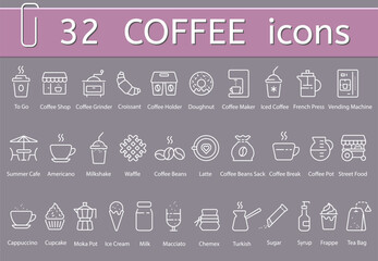 Coffee icons set, vector flat white outline illustration of coffee and cafe icons - 741043045