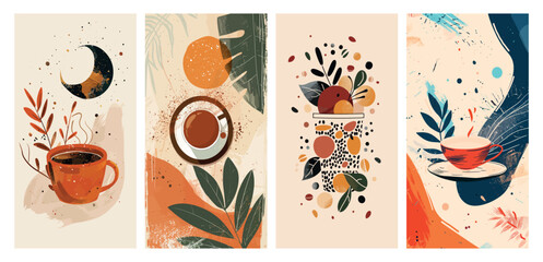 Modern abstract art prints with coffee and nature themes, vector illustrations for home decor