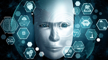 XAI 3d illustration Robot hominoid face close up with graphic concept of AI thinking brain , artificial intelligence and machine learning process for the 4th fourth industrial revolution. 3D rendering