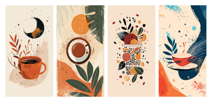 Modern abstract art prints with coffee and nature themes, vector illustrations for home decor