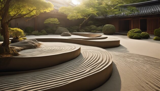garden, sand, stones, serenity, patterns, tranquility, meditation, simplicity, harmony, sculptural, shadows, foliage, depth, calm, order, ground, bushes, greenery