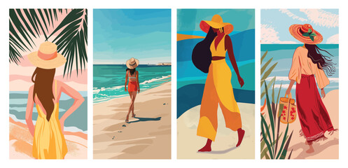 Beach fashion posters, vector illustrations of women on seaside