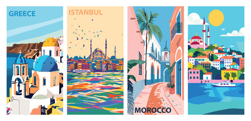 Naklejka premium Set of colorful travel posters featuring greece, istanbul, and morocco