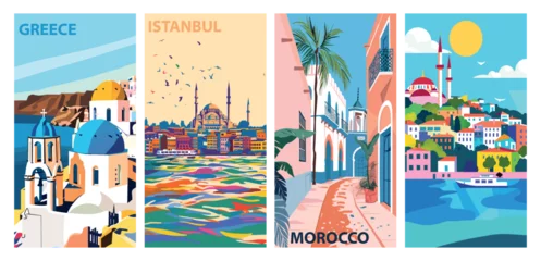 Küchenrückwand glas motiv Set of colorful travel posters featuring greece, istanbul, and morocco © Mustafa