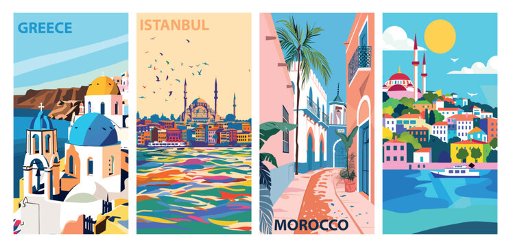 Set of colorful travel posters featuring greece, istanbul, and morocco
