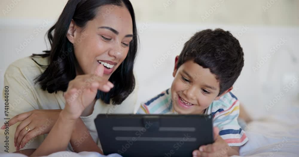 Poster Tablet, happy and kid with mother on bed watching video, movie or show on the internet. Smile, bonding and boy child with young mom streaming film on digital technology in bedroom at family home.