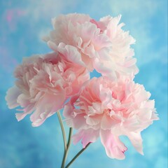 Flowers of delicate light pink spring peonies on a branch on a blue background for birthday holiday, international women's day, mother's day