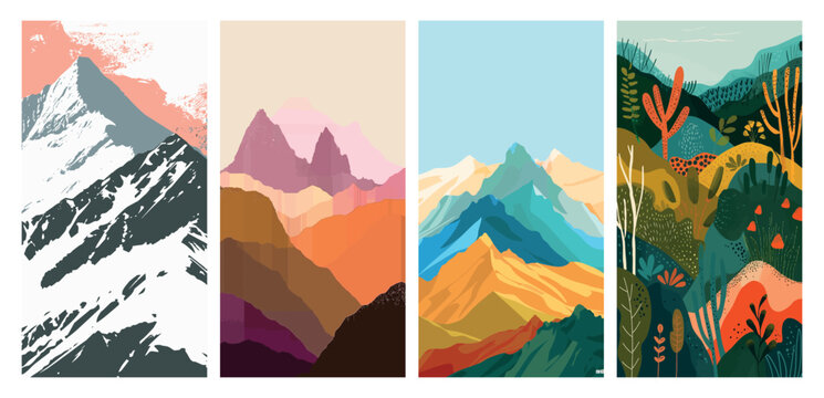 Set of four vector mountain landscapes - artistic poster designs