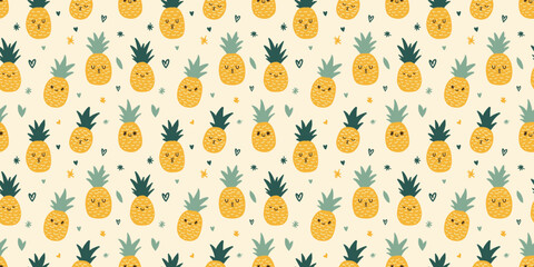 Cute Yellow Pineapple Nursery Tropical Seamless Vector Pattern 