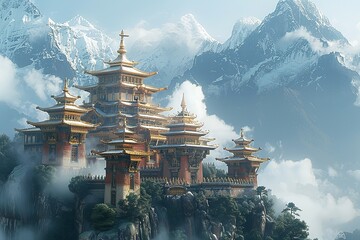 Behold the majestic mountaintop palace of the ruler of Shambhala, where wisdom and compassion rule, and panoramic views inspire awe and reverence - obrazy, fototapety, plakaty