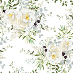 Rose flowers, green leaves, blackberries, white background. Floral illustration. Vector seamless pattern. Botanical design. Nature garden plants. Summer bouquets