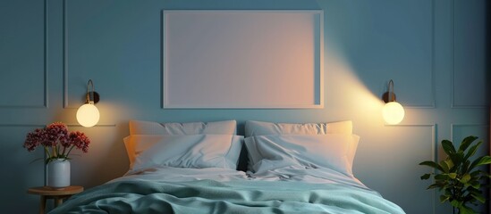 Home interior design of bedroom with mockup frame hanging in wall. Generated AI image