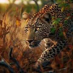 Fototapeta premium Intense gaze - A wildlife portrait of a leopard with captivating yellow eyes