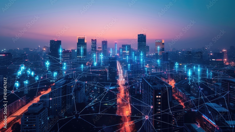 Poster smart city with connecting network and internet of things digital graphics over the skyline aig41